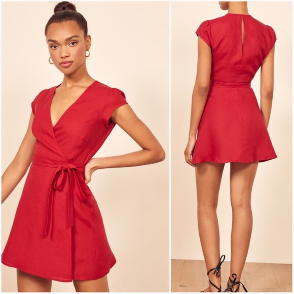 Reformation Rodin Dress in red wrap shirt sleeve